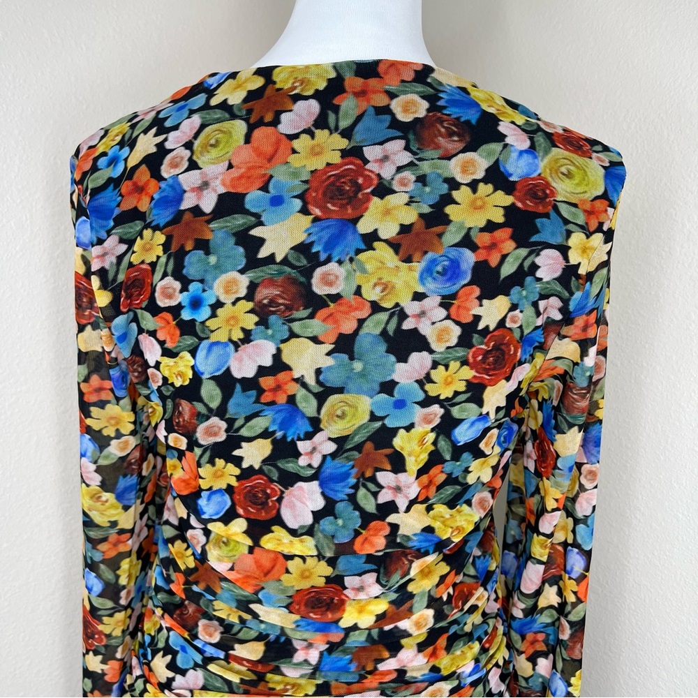 GANNI Colorful Floral SquareNeck Long Sleeve Ruched Stretch Mesh Midi Dress Sz L - Picture 10 of 15